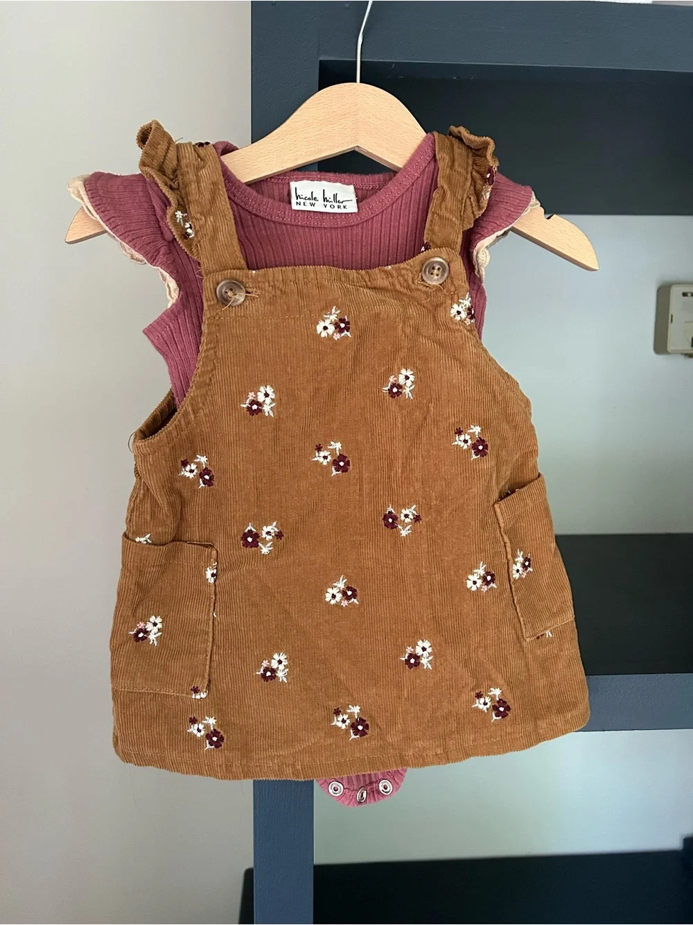 Kids Brown Corduroy Floral Pinafore Dress with onesie